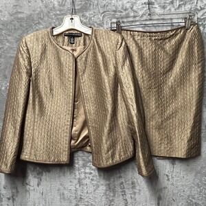 Vtg Linda Allard Ellen Tracy Gold Textured Blazer Skirt Set 4 Silk Leather-READ